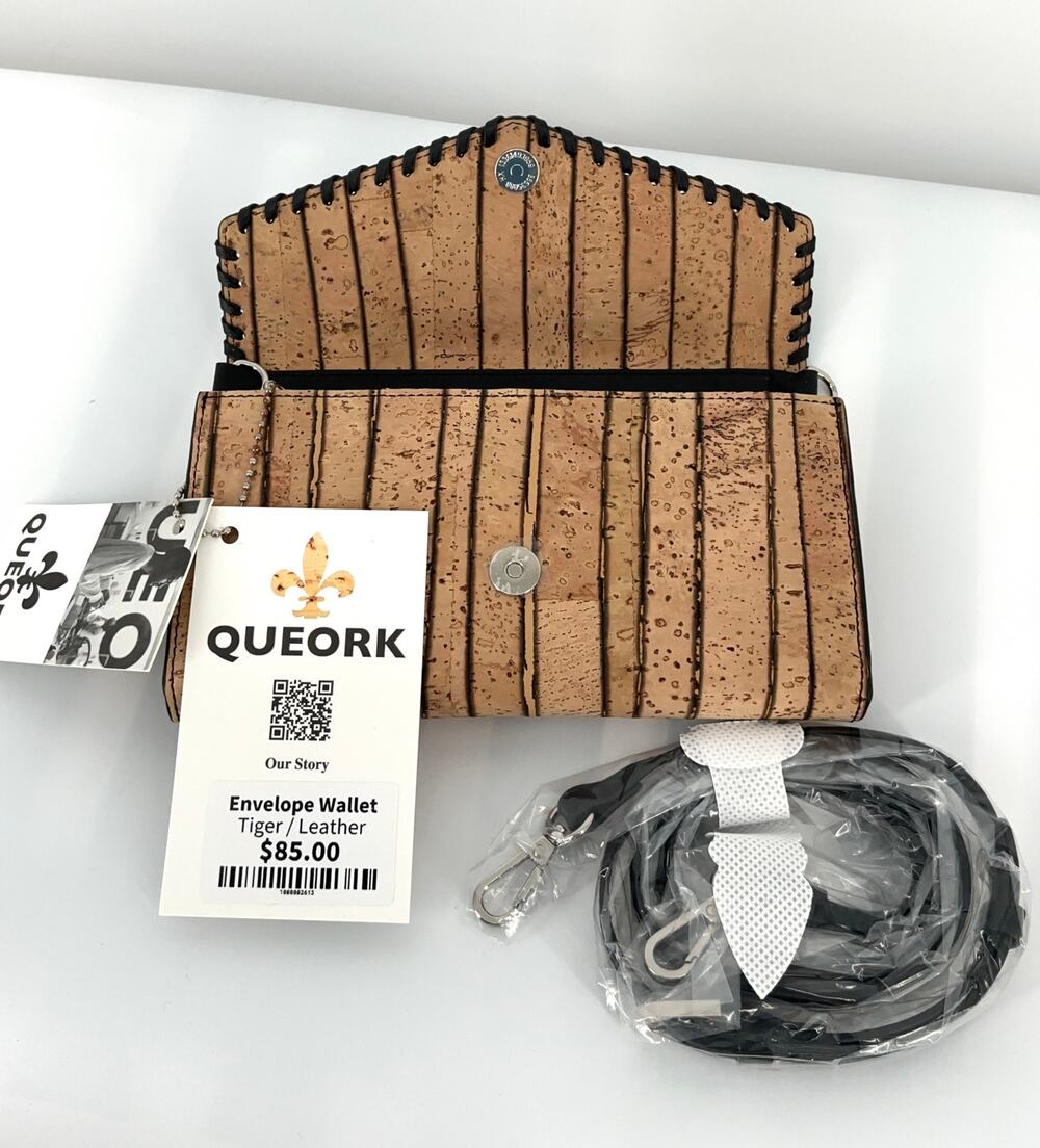 QUEORK Envelope Wallet Cork Tiger Black Leather Crossbody Clutch NWT $85